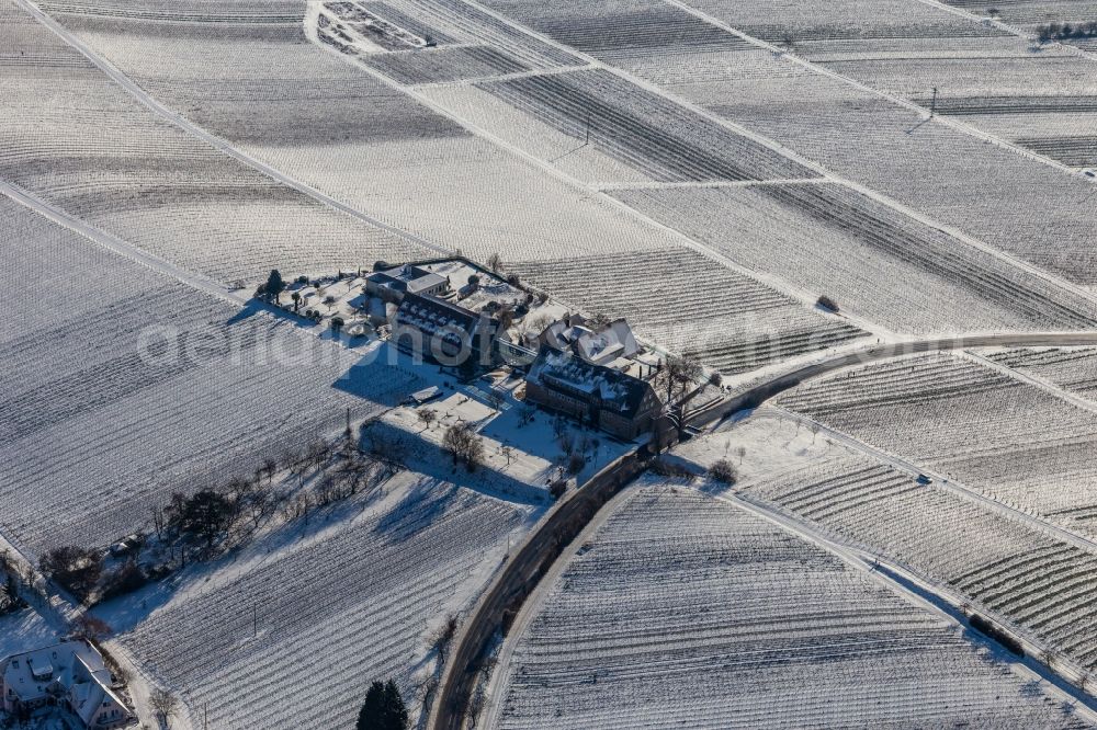 Leinsweiler from above - Wintry snowy complex of the hotel building Leinsweiler Hof in Leinsweiler in the state Rhineland-Palatinate, Germany