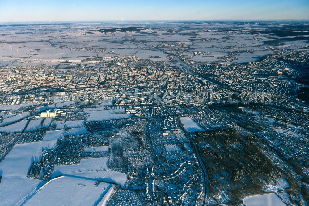 Erfurt from above - Wintry snowy city area with outside districts and inner city area in Erfurt in the state Thuringia, Germany