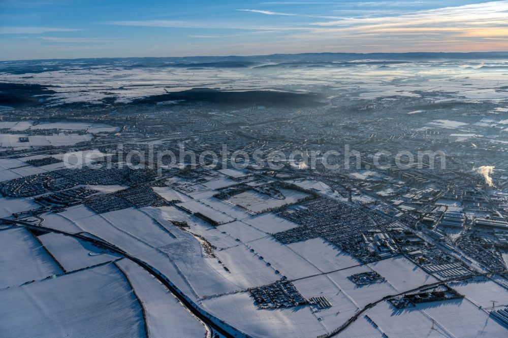 Erfurt from above - Wintry snowy city area with outside districts and inner city area in Erfurt in the state Thuringia, Germany