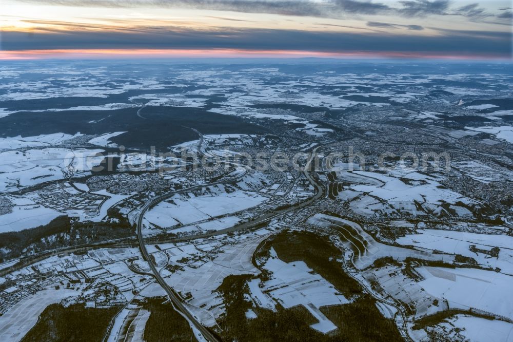 Aerial image Würzburg - Wintry snowy city area with outside districts and inner city area in Wuerzburg in the state Bavaria, Germany