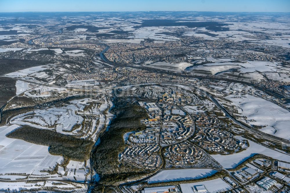 Würzburg from the bird's eye view: Wintry snowy city area with outside districts and inner city area in Wuerzburg in the state Bavaria, Germany