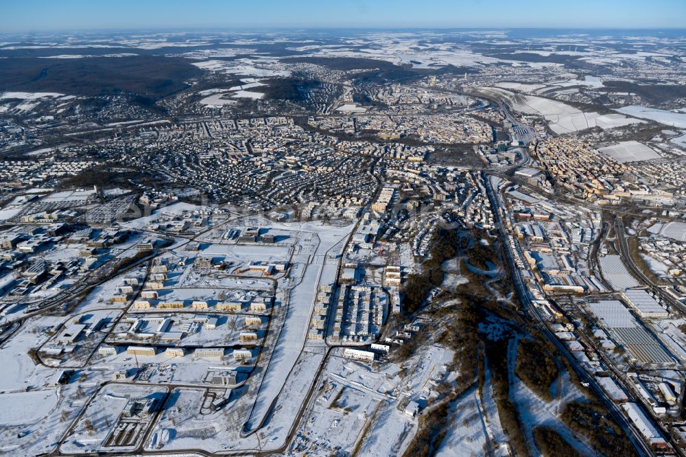 Würzburg from above - Wintry snowy city area with outside districts and inner city area in Wuerzburg in the state Bavaria, Germany