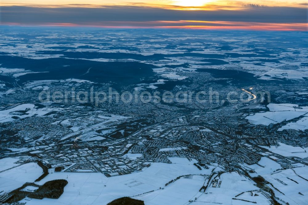 Würzburg from above - Wintry snowy city area with outside districts and inner city area in Wuerzburg in the state Bavaria, Germany