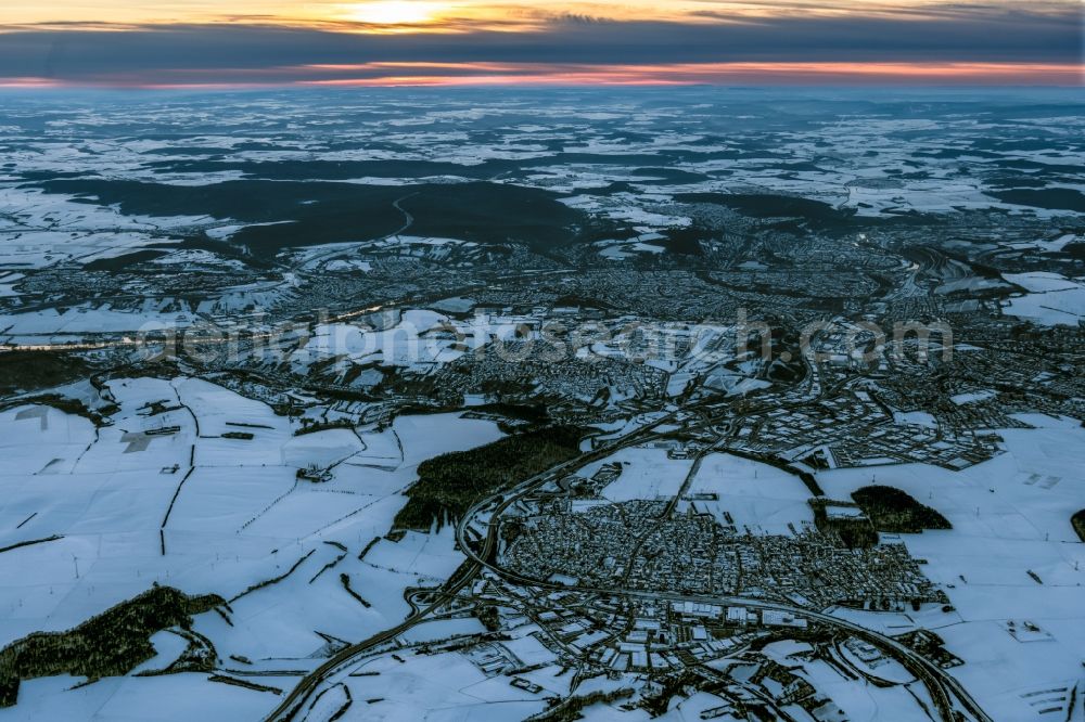 Würzburg from the bird's eye view: Wintry snowy city area with outside districts and inner city area in Wuerzburg in the state Bavaria, Germany
