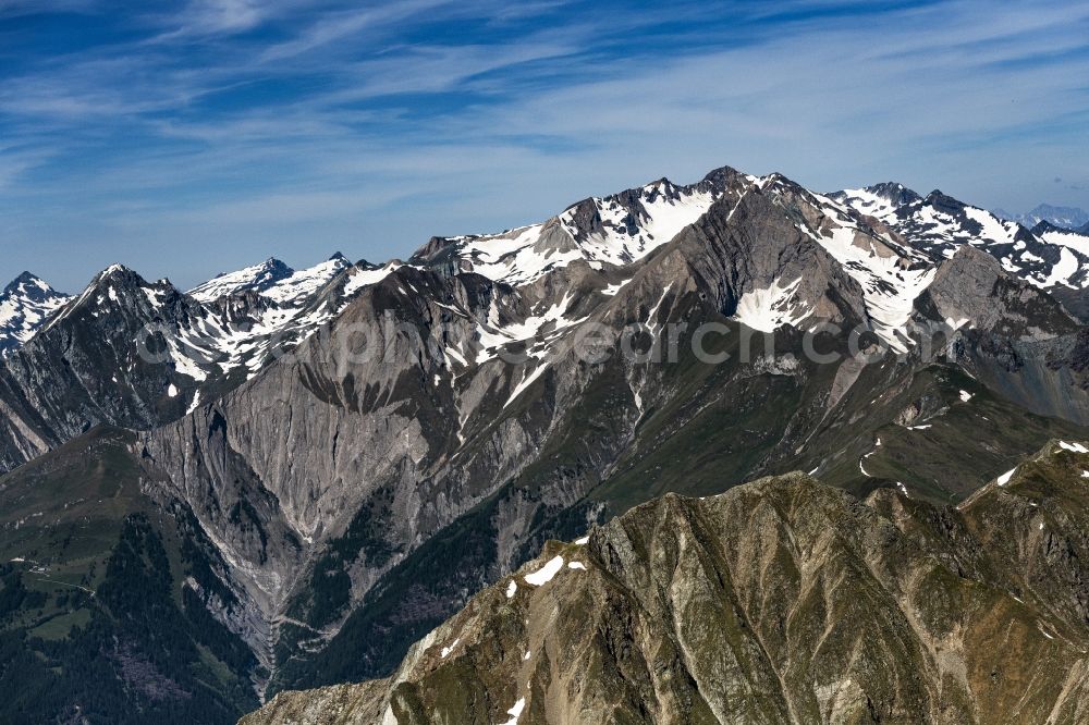 Gruben from the bird's eye view: Wintry snowy rocky and mountainous landscape the Alps in Gruben in Tirol, Austria