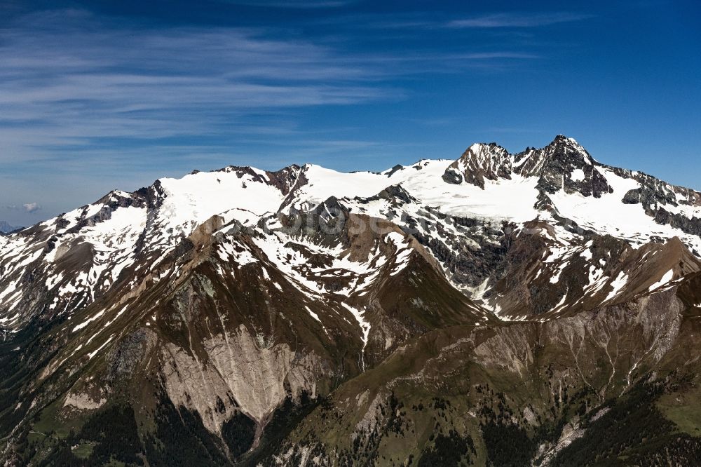 Aerial image Gruben - Wintry snowy rocky and mountainous landscape the Alps in Gruben in Tirol, Austria