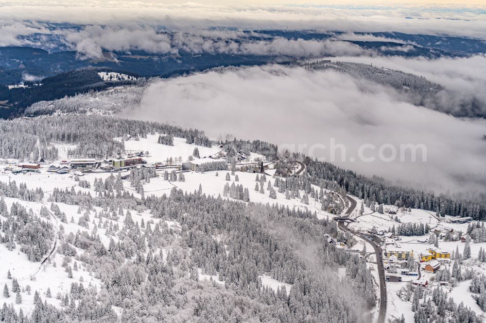 Aerial image Feldberg (Schwarzwald) - Wintry snowy Rocky and mountainous landscape of Feldberg in Feldberg (Schwarzwald) in the state Baden-Wuerttemberg