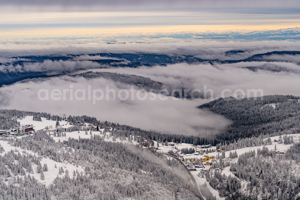 Aerial image Feldberg (Schwarzwald) - Wintry snowy Rocky and mountainous landscape of Feldberg in Feldberg (Schwarzwald) in the state Baden-Wuerttemberg