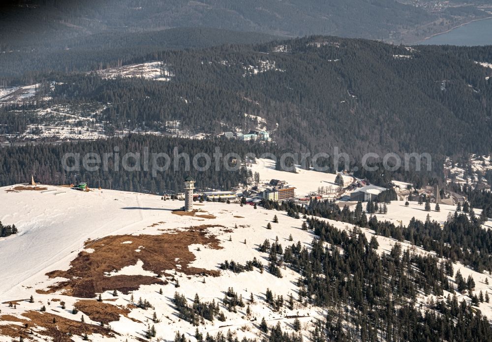 Aerial image Feldberg (Schwarzwald) - Wintry snowy mountainous landscape of the summit of Feldberg mountain with the ski sports area and parcour at the World Cup of Ski Cross in Feldberg (Schwarzwald) in the state Baden-Wurttemberg, Germany