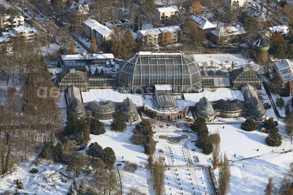 Berlin from above - Wintry snowy main building and greenhouse complex of the Botanical Gardens Berlin-Dahlem in Berlin. The historical glass buildings and greenhouses are dedicated to different areas. The Large Tropical House and the Victoria-House are located in the center