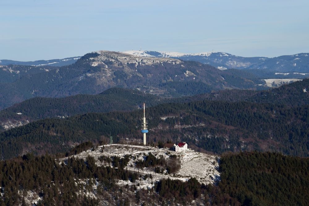 Aerial photograph Schliengen - Wintry snowy mountainous landscape with summit of Hochblauen or Blauen in the Black Forest in Schliengen in the state Baden-Wurttemberg, Germany