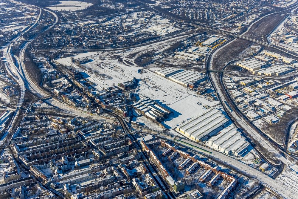 Aerial image Dortmund - Wintry snowy industrial and commercial area on Huckarder Strasse in Dortmund at Ruhrgebiet in the state North Rhine-Westphalia, Germany