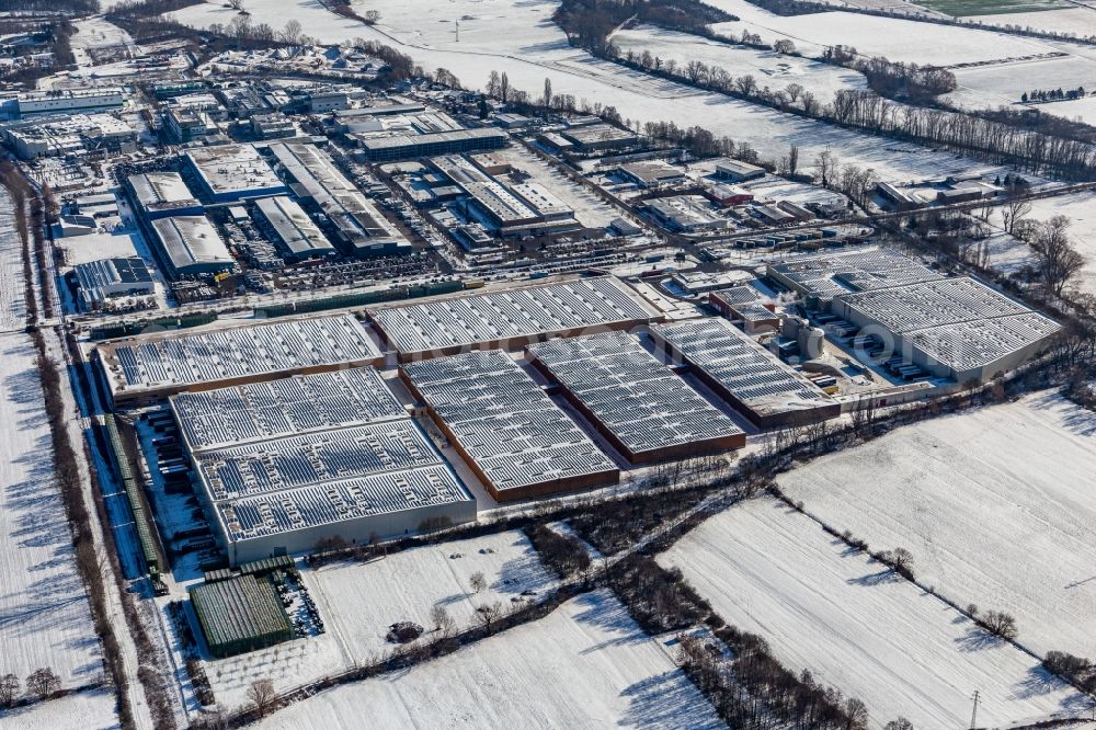 Aerial image Landau in der Pfalz - Wintry snowy industrial and commercial area Landau Ost with Michelin Tires and APL Automobil-Prueftechnik Landau GmbH in Landau in der Pfalz in the state Rhineland-Palatinate, Germany