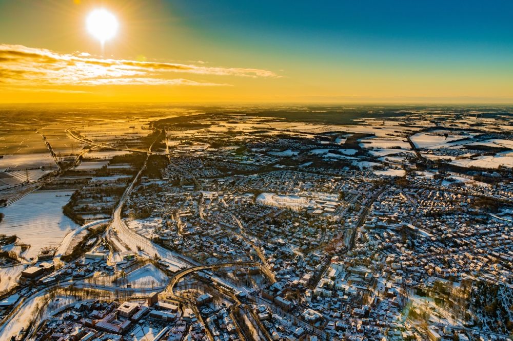 Aerial image Stade - Wintry snowy cityscape of the district Campe in Stade in the state Lower Saxony, Germany