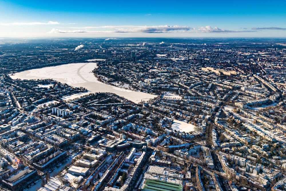 Hamburg from above - Wintry snowy city view of the downtown area on the shore areas of Binnenalster in Hamburg, Germany