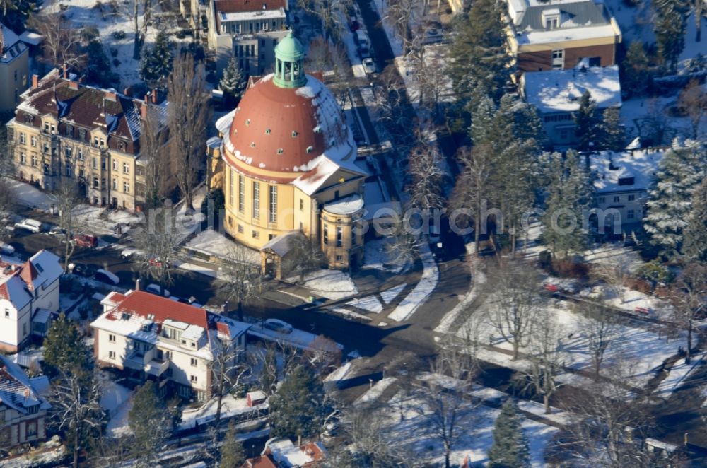 Aerial photograph Berlin - Wintry snowy church building Evangelische Johanneskirche Lichterfelde in Berlin, Germany