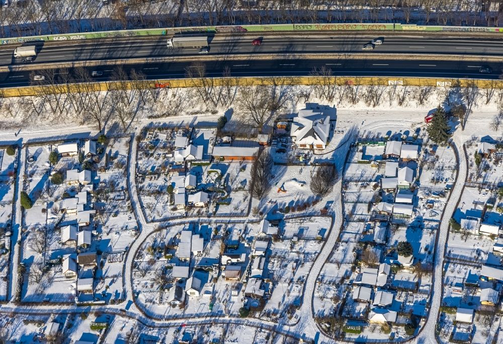 Bochum from above - Wintry snowy allotments gardens plots of the association - the garden colony on Bergstrasse in the district Grumme in Bochum at Ruhrgebiet in the state North Rhine-Westphalia, Germany
