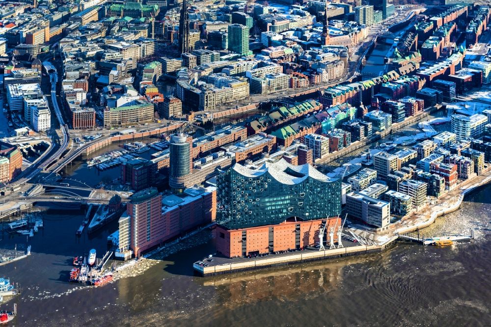 Aerial image Hamburg - Wintry snowy the Elbe Philharmonic Hall on the river bank of the Elbe in Hamburg
