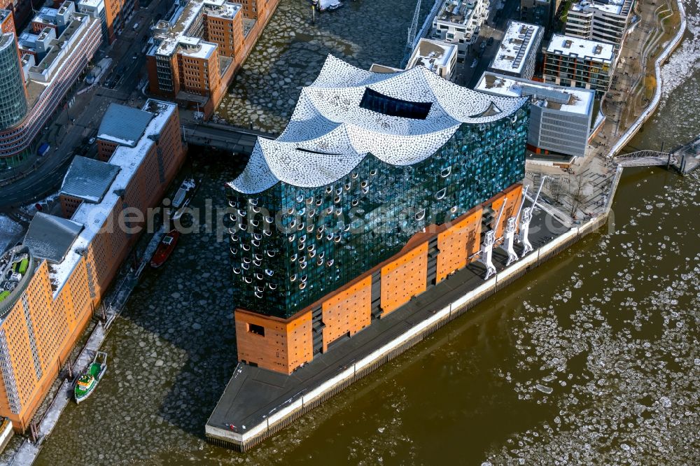 Hamburg from above - Wintry snowy the Elbe Philharmonic Hall on the river bank of the Elbe in the district HafenCity in Hamburg