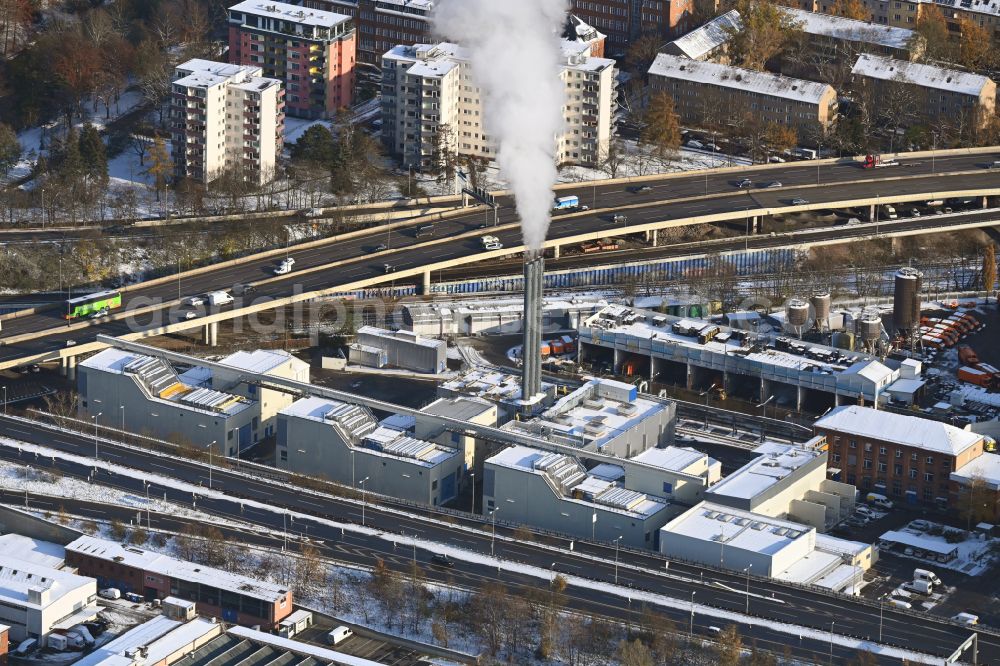 Berlin from above - Wintry snowy power plants and exhaust towers of thermal power station Wilmersdorf on street Forckenbeckstrasse in the district Schmargendorf in Berlin, Germany