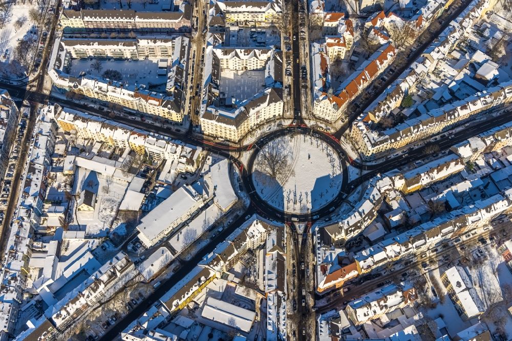 Dortmund from above - Wintry snowy traffic management of the roundabout road Borsigstrasse - Wambeler Strasse in the district Borsigplatz in Dortmund in the state North Rhine-Westphalia, Germany