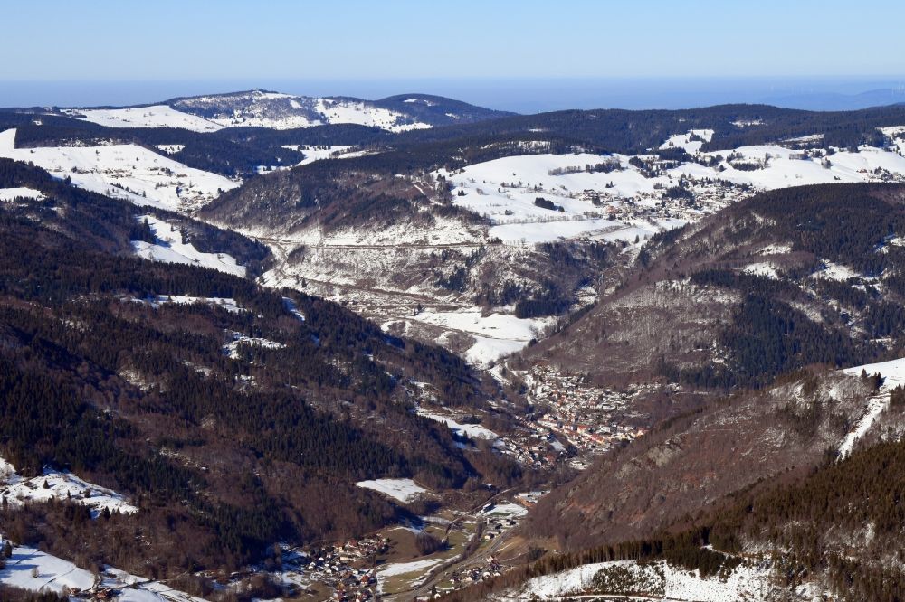 Todtnau from above - Wintry snowy mountains of the Black Forest and city area of Todtnau and district Todtnauberg in the Black Forest in the state Baden-Wurttemberg, Germany
