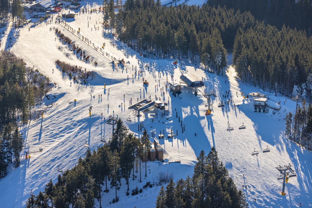 Aerial image Winterberg - Wintry snowy lift on Poppenberg in Winterberg at Sauerland in the state North Rhine-Westphalia, Germany