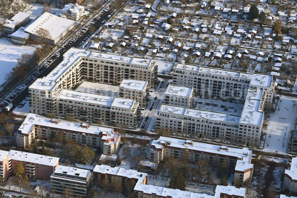 Berlin from above - Wintry snowy apartment building Maximilians Quartier on Forckenbeckstrasse in the Schmargendorf district in Berlin, Germany