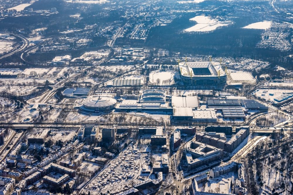 Dortmund from above - Wintry snowy exhibition grounds, convention center and exhibition halls and arena of the BVB - Signal Iduna Park stadium in Dortmund in the Ruhr area in the state of North Rhine-Westphalia