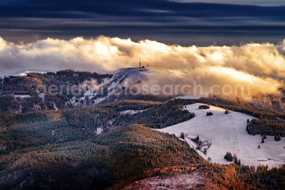 Aerial image Seebach - Wintry snowy forest and mountain landscape of the mid-mountain range of Schwarzwald in Seebach in the state Baden-Wuerttemberg, Germany