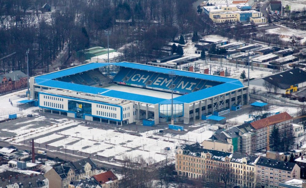 Aerial image Chemnitz - Wintry snowy new building of the football stadium community4you ARENA of FC Chemnitz in Saxony