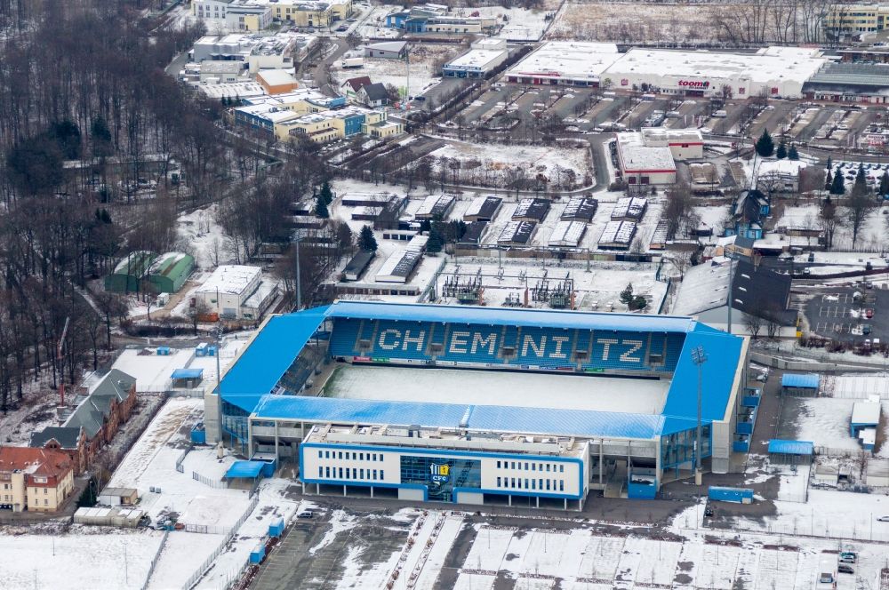 Chemnitz from above - Wintry snowy new building of the football stadium community4you ARENA of FC Chemnitz in Saxony