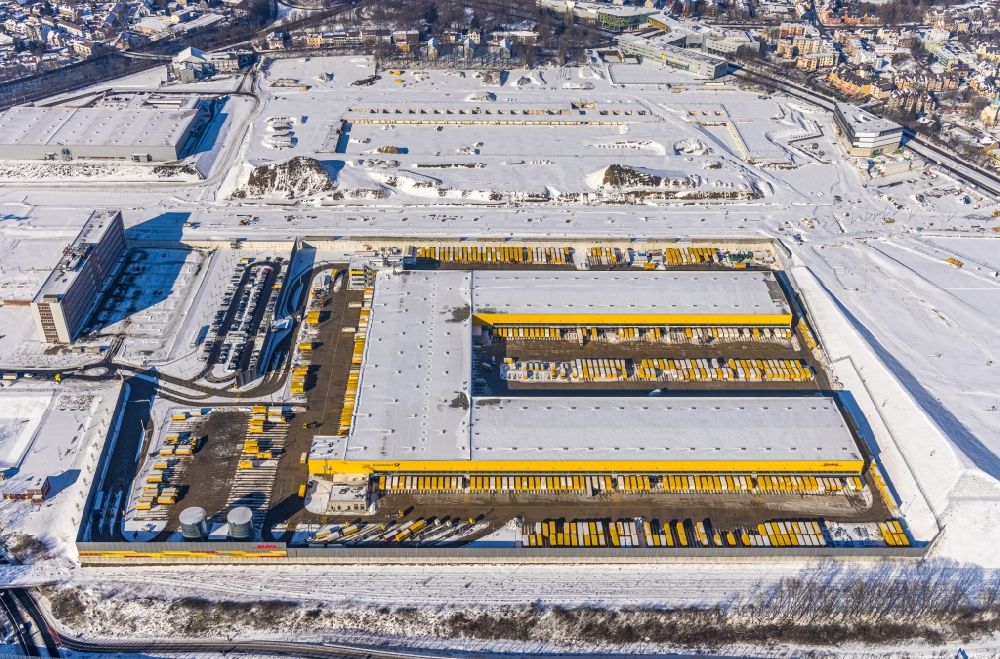 Bochum from above - Wintry snowy construction site to build a new building complex on the site of the logistics center in the development area MARK 51A?7 in Bochum in the state North Rhine-Westphalia, Germany