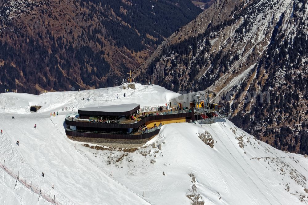 Oberstdorf from the bird's eye view: Wintry snowy newly opened peak station of the Nebelhornbahn in Oberstdorf in the state of Bavaria. The summit restaurant was designed by architect Hermann Kaufmann. Guests can walk around the summit via the Nordwandsteig