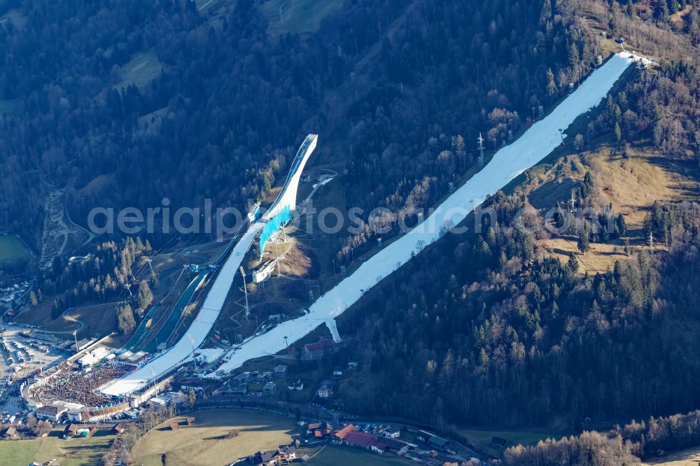 Aerial image Garmisch-Partenkirchen - Wintry snowy training and competitive sports center of the ski jump Grossen Olympiaschanze on Karl-und Martin-Neuner-Platz in Garmisch-Partenkirchen in the state Bavaria, Germany