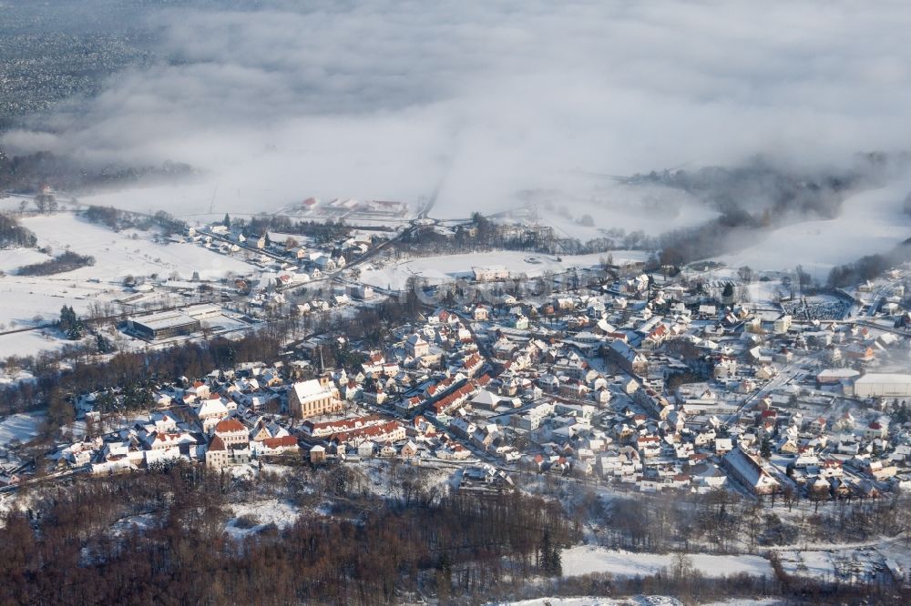 Aerial image Lauterbourg - Wintry snowy Town View of the streets and houses of the residential areas in Lauterbourg in Grand Est, France
