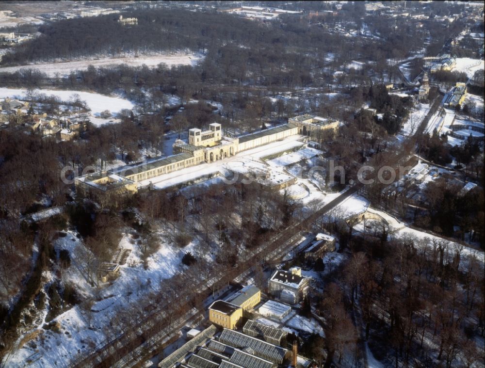 Aerial image Potsdam - Wintry snowy palais of Orangerieschloss in the district Westliche Vorstadt in Potsdam in the state Brandenburg