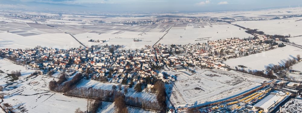 Aerial photograph Rohrbach - Panorama perspecitve of Wintry snowy Village - view on the edge of agricultural fields and farmland in Rohrbach in the state Rhineland-Palatinate, Germany