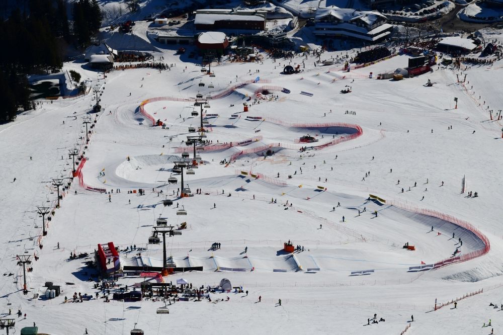 Aerial photograph Feldberg (Schwarzwald) - Wintry snowy landscape with the parcour for the World Cup Ski Cross at the ski sports area Seebuck on the Feldberg mountain in Feldberg (Schwarzwald) in the state Baden-Wurttemberg, Germany