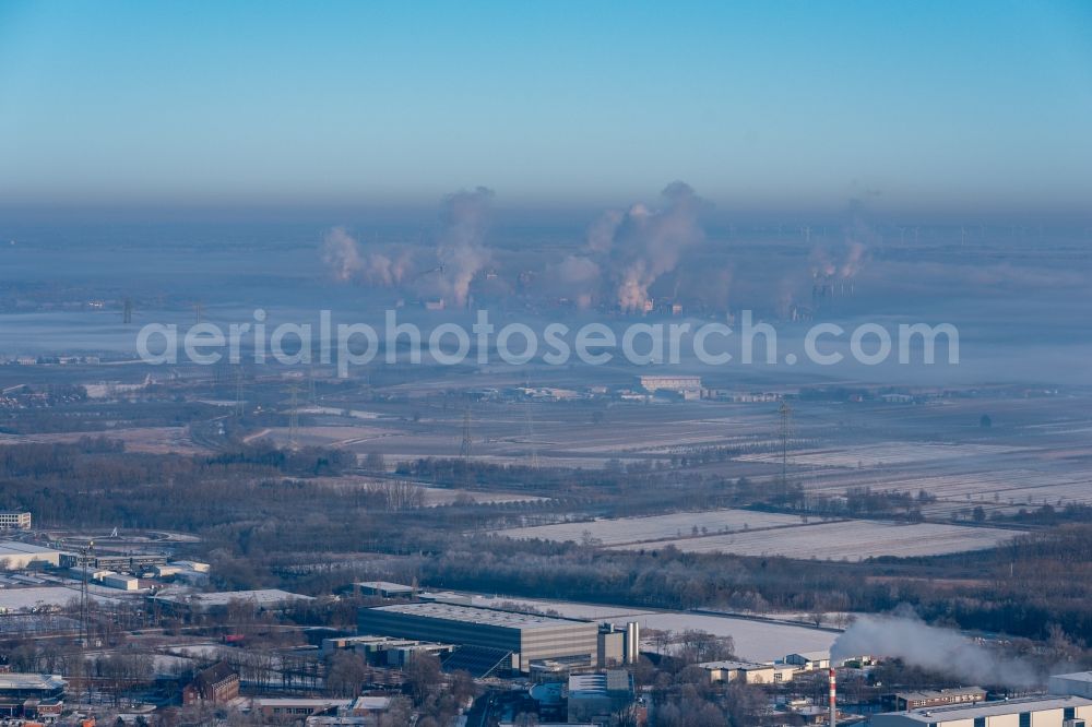 Aerial image Stade - Wintry snowy refinery equipment and management systems on the factory premises of the chemical manufacturers of Fa. Dow Chemical Olin in Stade in the state Lower Saxony, Germany