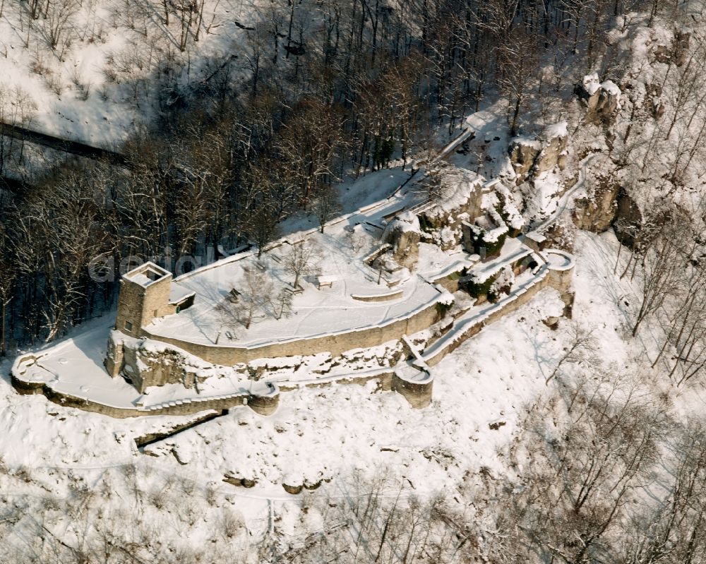 Geislingen an der Steige from above - Wintry snowy ruins and vestiges of the former castle Burg Helfenstein in Geislingen an der Steige in the state Baden-Wuerttemberg, Germany