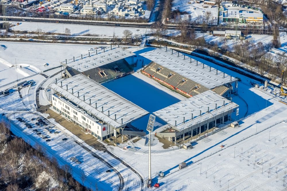Aerial image Essen - Wintry snowy rWE - Red-White Stadium in Essen in North Rhine-Westphalia
