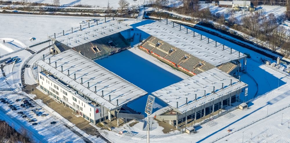 Aerial photograph Essen - Wintry snowy rWE - Red-White Stadium in Essen in North Rhine-Westphalia