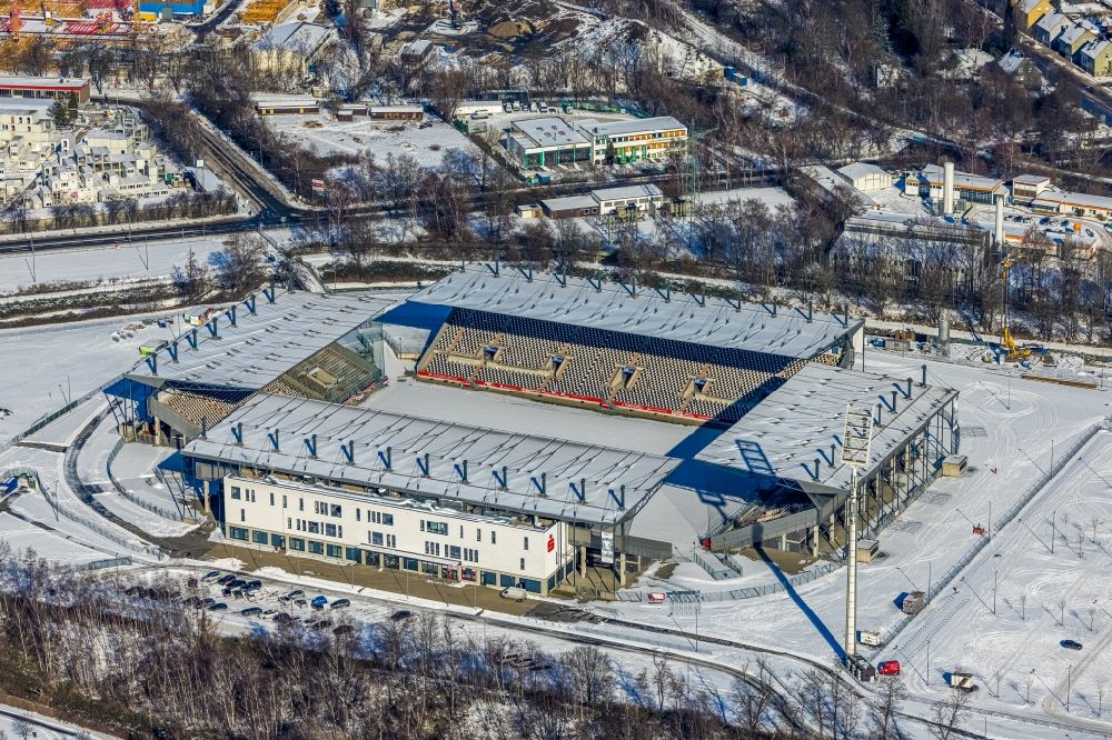 Aerial photograph Essen - Wintry snowy rWE - Red-White Stadium in Essen at Ruhrgebiet in North Rhine-Westphalia