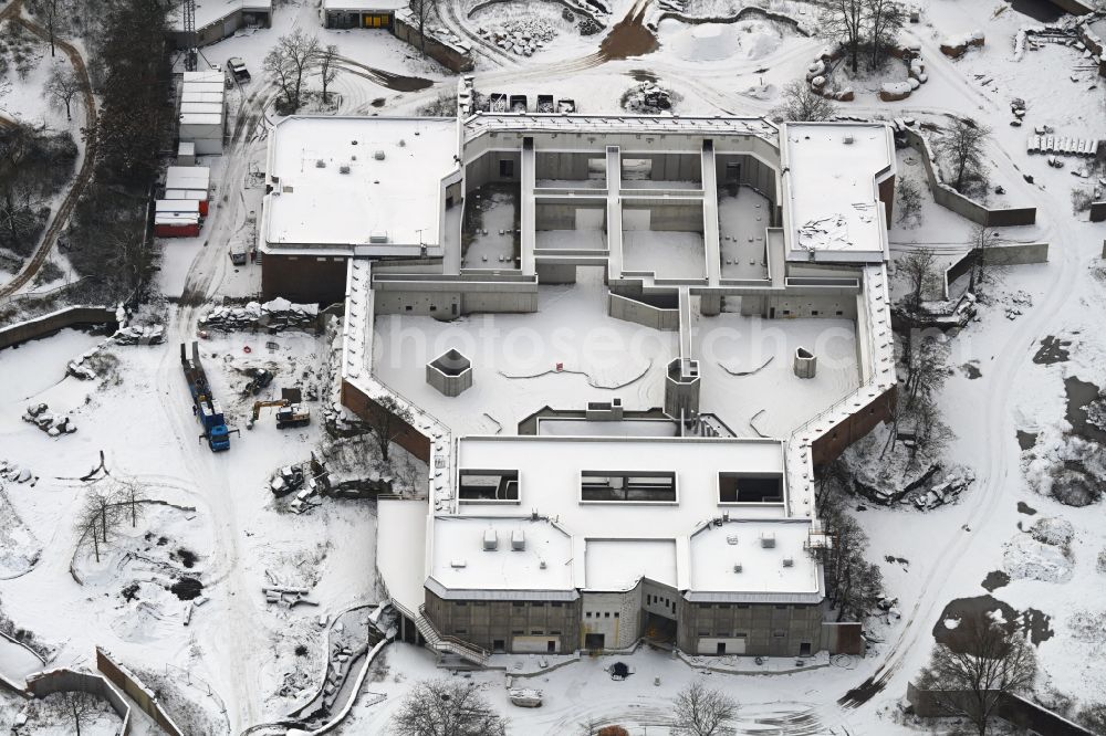 Berlin from the bird's eye view: Wintry snowy construction site for reconstruction and modernization and renovation of a building Pachyderm house in the zoo on street Am Tierpark in the district Friedrichsfelde in Berlin, Germany