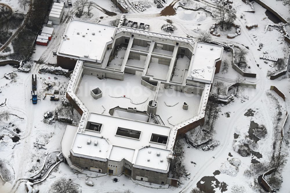 Aerial image Berlin - Wintry snowy construction site for reconstruction and modernization and renovation of a building Pachyderm house in the zoo on street Am Tierpark in the district Friedrichsfelde in Berlin, Germany