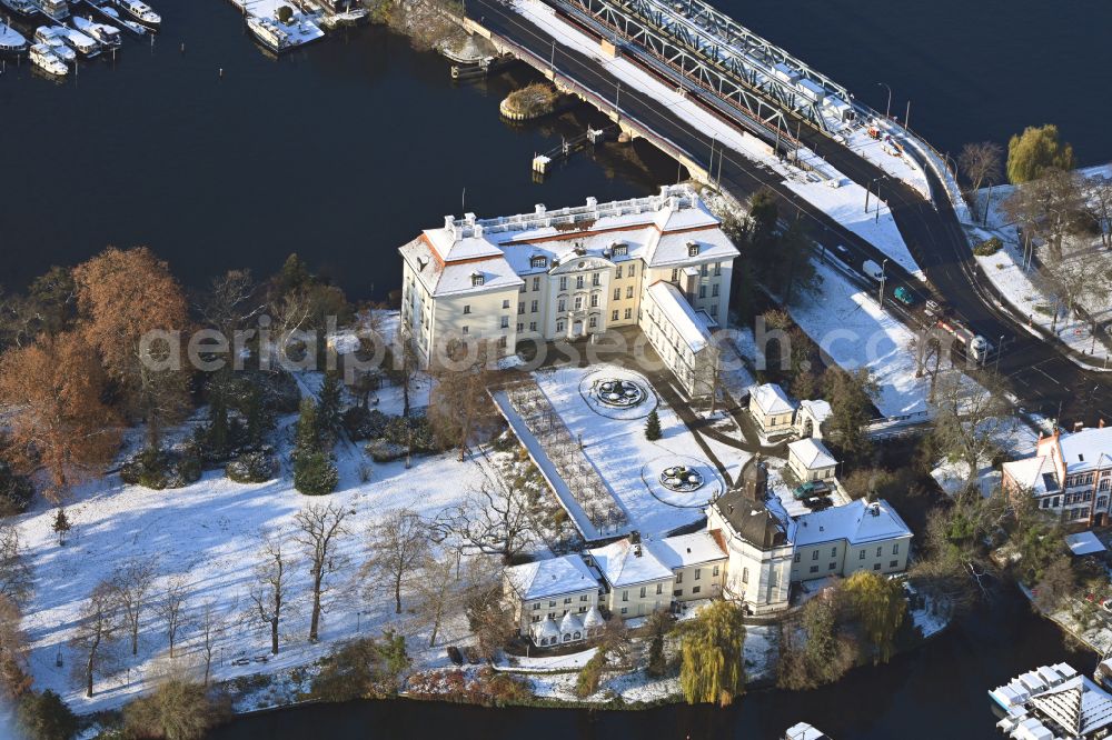 Aerial image Berlin - Wintry snowy palace Koepenick on the banks of Dahme in the district Koepenick in Berlin, Germany