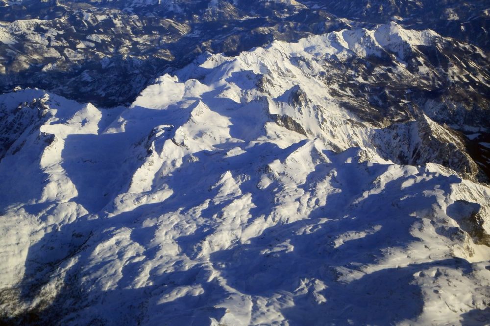Aerial image Hinterstoder - Wintry snowy rock and mountain landscape in the Austrian Alps at Hinterstoter, Upper Austria, Austria