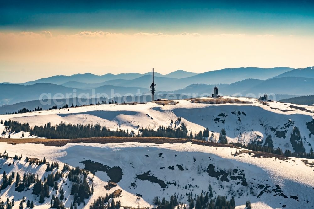 Feldberg (Schwarzwald) from above - Wintry snowy crest of the mountain range Feldberg with the ACE-High NATO Troposcatter link station AFEZ ( Allied Command Europe ) in Feldberg (Schwarzwald) in the state Baden-Wurttemberg, Germany. The antennas were rebuildt in 1998