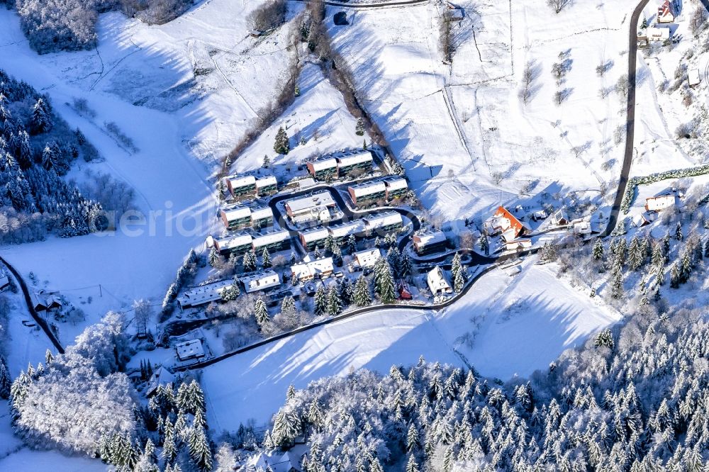 Aerial image Sasbachwalden - Wintry snowy the district in Sasbachwalden in the state Baden-Wurttemberg, Germany